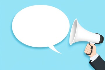 A hand holding a megaphone with a blank speech bubble on a vibrant blue background, perfect for announcements and communication concepts.