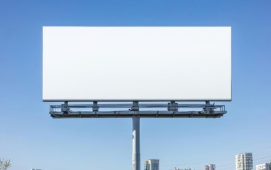 A blank billboard stands prominently against a clear blue sky, ready for advertising and promotional displays, ideal for marketing concepts.