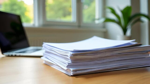 Stacked papers on a desk beside a laptop in a bright office setting during the day
