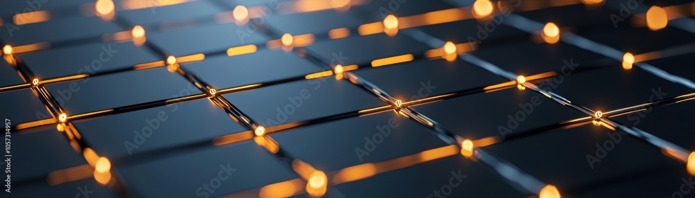 Poster a visually striking pattern of reflective surfaces illuminated by warm lights, creating a dynamic an