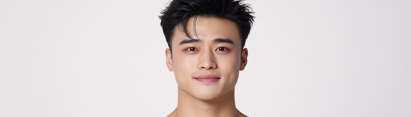 Obraz premium Portrait of a young man with a confident smile, showcasing natural beauty and modern style against a neutral background.