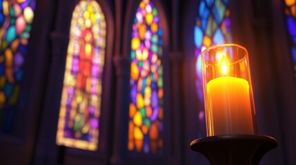 Fototapeta premium A close-up of a candle flame in a serene church setting, illuminating colorful stained glass windows and creating a peaceful atmosphere for contemplation and prayer