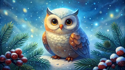 Christmas Owl. Holiday template with drawn character bird and festive decoration with winter pine branches, spruce tree, snow. Collection background in Merry Christmas and Happy New Year design style.
