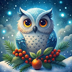 Obraz premium Christmas Owl. Holiday template with drawn character bird and festive decoration with winter pine branches, spruce tree, snow. Collection background in Merry Christmas and Happy New Year design style.