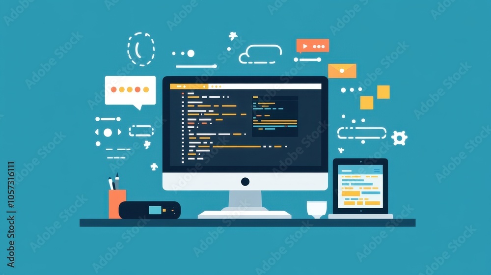 Poster a creative workspace displaying a web developer using creative cloud software, emphasizing a profess