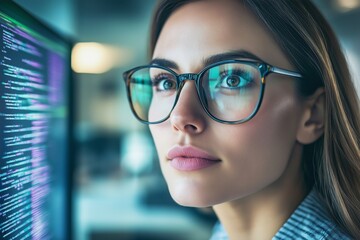 Fototapeta premium Young female programmer analyzing code on screen, reflective glasses, professional environment, close-up view, focused on cybersecurity, selective focus