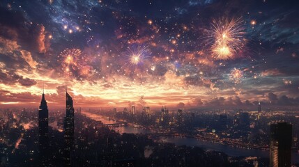 Fototapeta premium A breathtaking view of a city skyline as fireworks explode across the sky,
