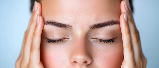 Woman with Eyes Closed and Hands on Temples Seeking Respite from Eye Strain Headache and Fatigue  Wellness Self Care and Healthcare Concept