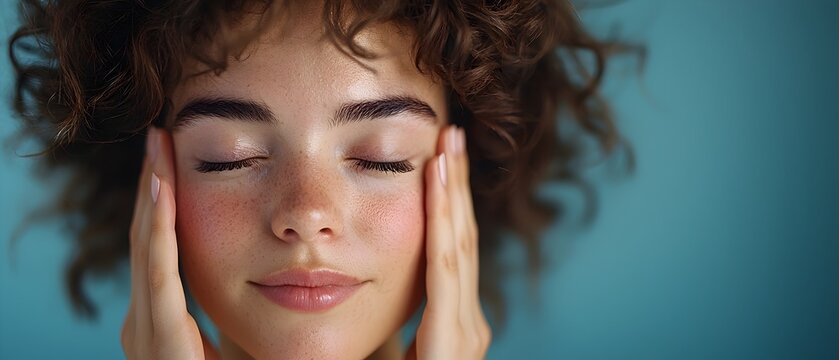 Woman with her eyes closed and hands on her temples seeking relief from eye strain headache and fatigue through self care practices like meditation mindfulness and relaxation