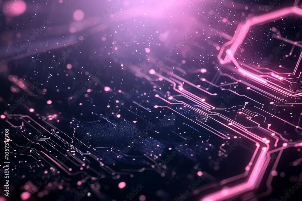 Poster an intricate abstract design of glowing pink circuitry, highlighting complexity and precision in mod