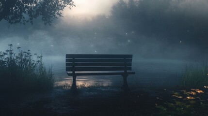 A bench surrounded by a mysterious foggy atmosphere