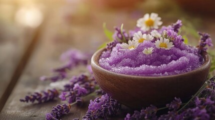 A calming bowl of lavender sugar scrub adorned with fresh flowers on a rustic table ideal for...