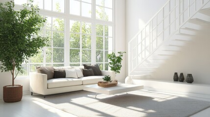 A bright and modern living room with a white staircase,