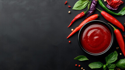 Spices and Red Chili Sauce on Dark Background. Free copy space.