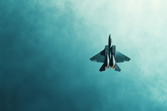 Majestic Fighter Jet Soaring through Blue Sky Leaving Contrails, Capturing Aerial Power and Speed, Aviation and Technology Marvel