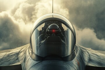 Fighter jet pilot silhouette in cockpit against dramatic sky with glowing visor, high-altitude flight, aviation power concept