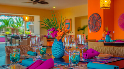 Colorful and festive dining area with vibrant decor and floral centerpiece perfect for gatherings and celebrations