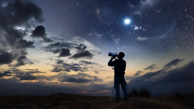 Time-lapse motion graphics of an astronomer looking at an evening sky with a telescope. Person sitting on a mountain hill, observing the universe at twilight, night. Astrophotography as a hobby.
