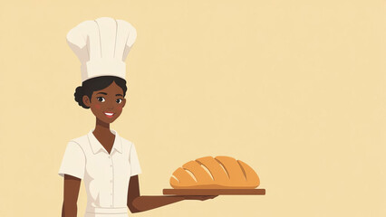 Smiling woman baker in uniform, big fresh baked bread in hands, white baker cap, copy space.