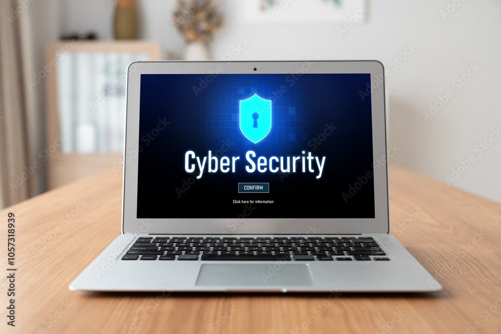 Poster cyber security system on computer screen protect private information snugly from hacker and cyber at
