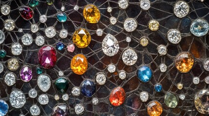 Beautifully arranged diamonds and gemstones in a spiderweb pattern, exuding sparkle and luxury