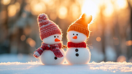 Two cheerful snowmen wearing colorful hats and scarves enjoy a bright winter sunset in a snowy landscape, radiating warmth and joy