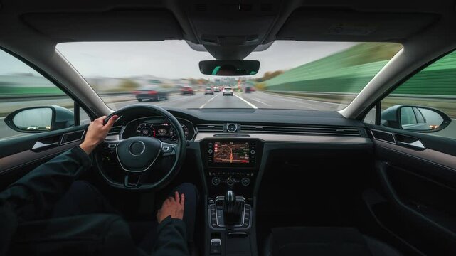 Wide angle inside view time-lapse speedy drive car in city, fast motion hyperlapse modern vehicle from within, highway traffic blurry motion trails, autumn day, rush hour road trip long exposure blur