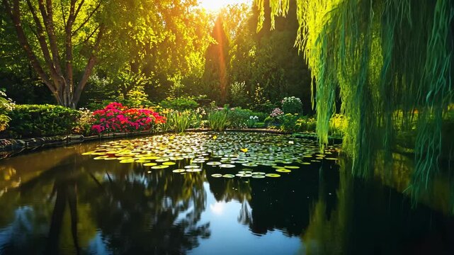 A tranquil pond in a lush garden, with bright sunlight filtering through the trees