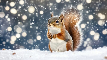 Adorable red squirrel amidst falling snow showcasing winter wildlife High quality image