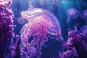 Obraz premium Glowing purple jellyfish floating in deep blue ocean water, Ai Generation