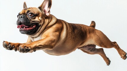 A lively moment featuring a French Bulldog mid-air, embodying playfulness and joy, perfectly captured against a bright white background for a delightful image