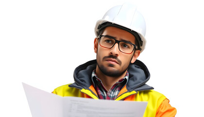Man worker check report and complaining and disappointed. The photo is suitable to use for engineer poster and safety content media isolated with white highlights, png
