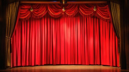 A red curtain parts to unveil a stage illuminated by a spotlight