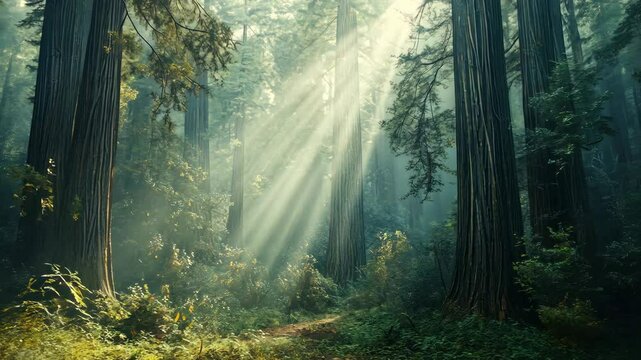 Sunlight streams through the tall redwoods in a California forest