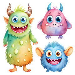 set of Playful Couple Monsters Illustration on transparent background