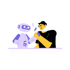 Robot Arm Wrestling With Man In Flat Vector Illustration Symbolizing Strength, Competition, And Human Machine Interaction, Isolated On White Background