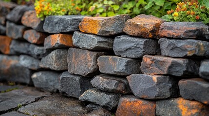 A close-up view of a stone wall with earthy tones and greenery.