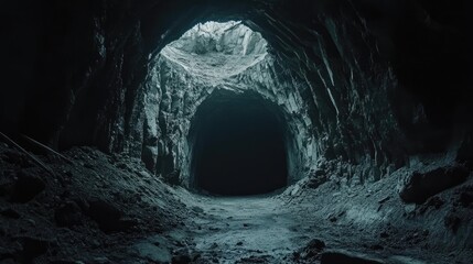 Abandoned mine tunnel leading to catacombs featuring a panoramic view Dark underground passage resembling a subterranean cave Theme of industry coal ore rock and geology