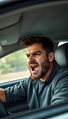 Angry brunette man using bad language while driving isolated with white highlights, png
