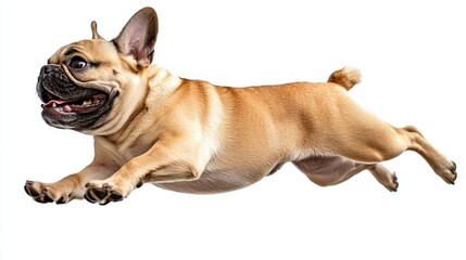 Obraz premium A playful French Bulldog caught mid-jump, displaying its joyful demeanor against a pure white background, capturing the essence of fun and energy in a lighthearted scene.