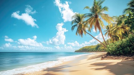 A picturesque beach lies beneath palm trees offering a serene atmosphere for relaxation under a vibrant blue sky adorned with soft clouds