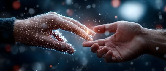 Fototapeta premium Futuristic image depicting holographic hands one human and one robot connected by glowing data streams symbolizing the bond and between and human intelligence