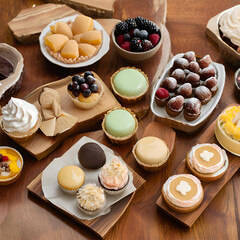 Various desserts on a wooden table