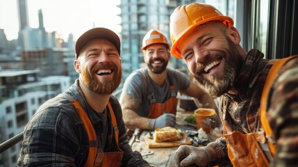 A group of jovial builders smile and laugh together on a construction site while enjoying a lunch break, illustrating camaraderie and joy among hardworking individuals.