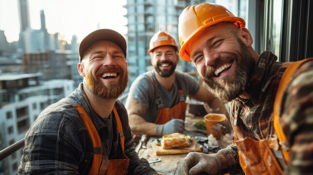 A group of jovial builders smile and laugh together on a construction site while enjoying a lunch break, illustrating camaraderie and joy among hardworking individuals.