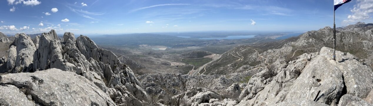 Rocky ridge of Tulove grede or karst mountain peak of Tulovice - Velebit Nature Park, Croatia (Stjenoviti greben Tulove grede ili kr&scaron;ki planinski vrh Tulovice - Park prirode Velebit, Hrvatska)