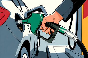 Hand holds green fuel nozzle at gas station, fueling a car