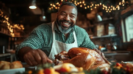 A cheerful chef wearing an apron happily carves a golden turkey in a warmly lit kitchen, decorated with festive lights, indicating a joyful holiday celebration.