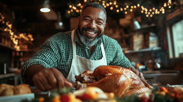 A cheerful chef wearing an apron happily carves a golden turkey in a warmly lit kitchen, decorated with festive lights, indicating a joyful holiday celebration. - Powered by Adobe