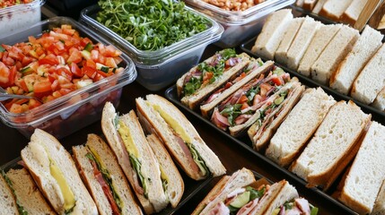 Corporate Lunch Catering : A professional, modern office lunch spread with sandwiches, salads, and finger foods